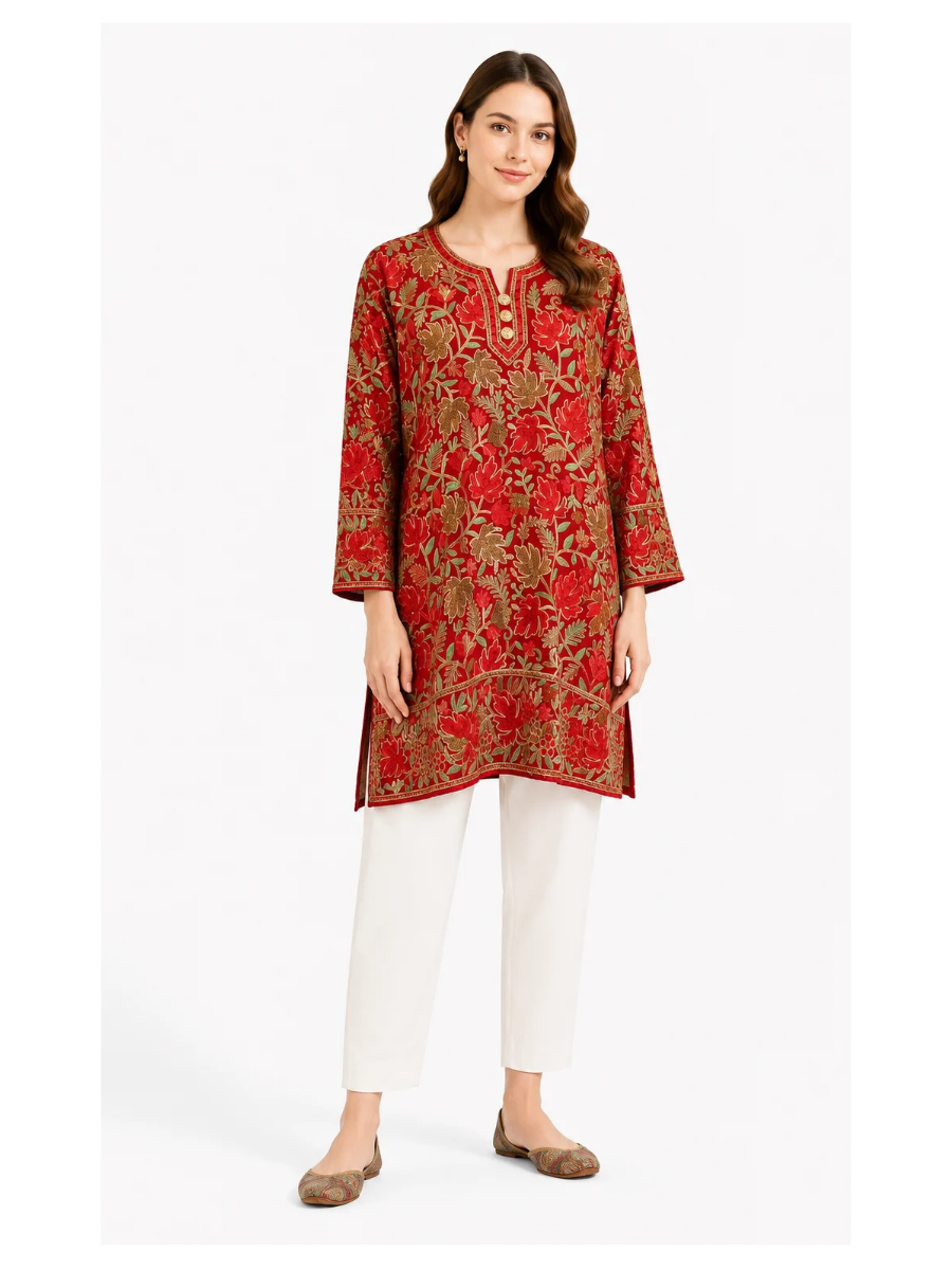 Noor : Chinar Zari Embroidery summer kurti | Red